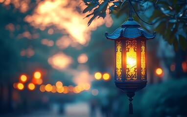 Glowing lanterns night garden scene