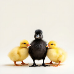Fototapeta premium Black Baby Duck Among Yellow Ducklings, Diversity, Individuality, Uniqueness Concept Stock Photo | Cute, Adorable, Wildlife, Nature, Contrast, Inclusion