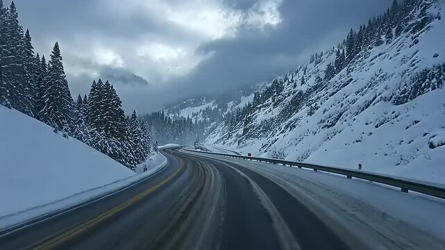 Serene winter road winding through snow-covered mountains under a cloudy sky, creating a tranquil atmosphere
