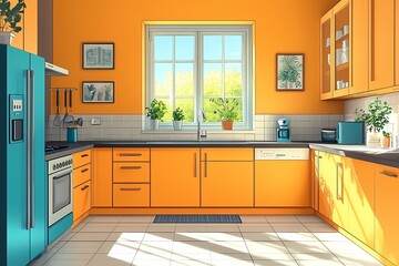 Modern Vibrant Kitchen Interior Design: Bright Space with Orange and Blue Decor, Natural Light and Potted Plants