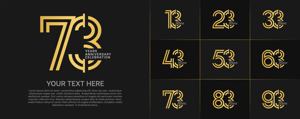 Anniversary logo type set with double line number. golden and silver color for celebration event