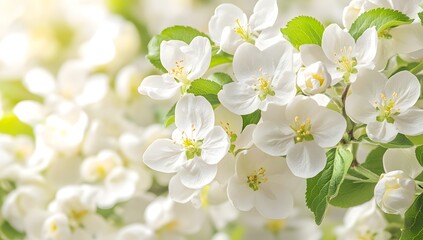 Obraz premium White blossoms with green leaves on a branch in sunlight close up.