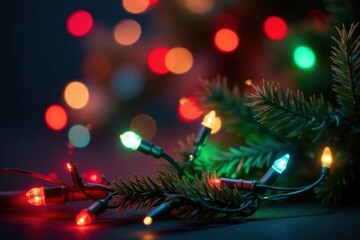 Obraz premium Twinkling red green blue yellow lights adorn a festive Christmas backdrop, yellow, blue, green