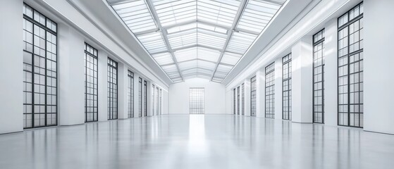 Fototapeta premium Empty Modern White Gallery Hall with Skylight Roof and Tall Industrial Windows