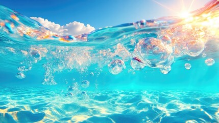 Underwater view of vibrant turquoise water with bubbles