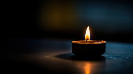 Fototapeta premium Small Candle Flame with Dramatic Backlighting and Blue Light Contrast in Dark Room