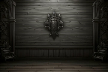 Ornate Interior with Wooden Walls Black Accent Piece Columns and Two Chairs Dark Lighting Style