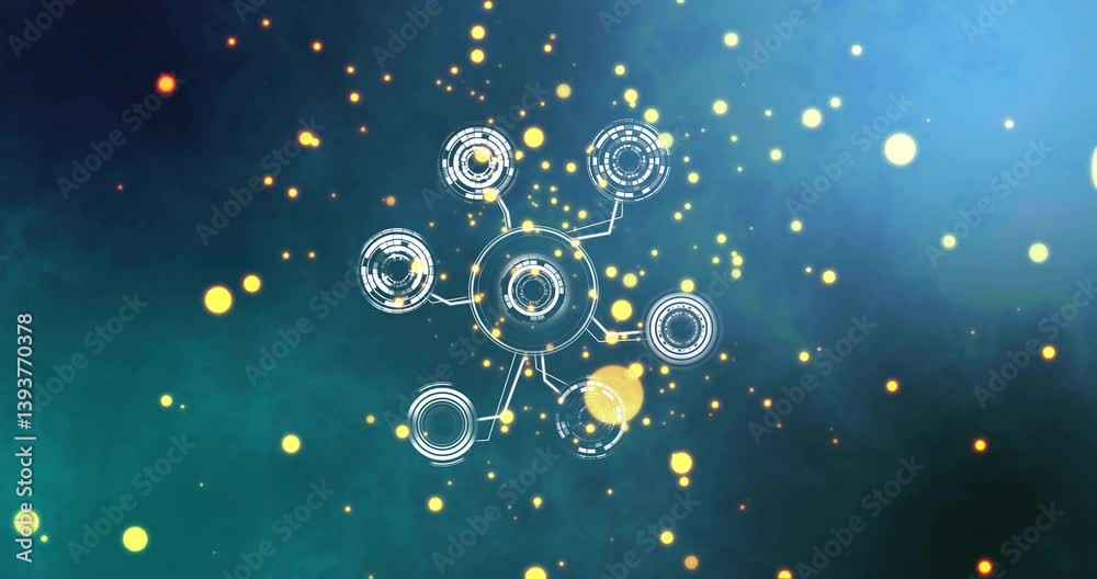 Poster glowing particles background with network connections and data processing animation