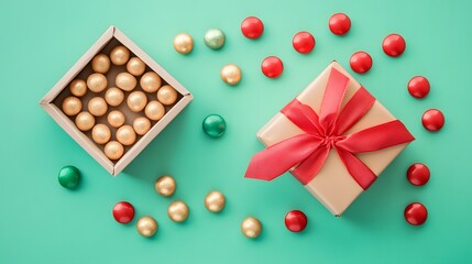 Gift Box with Gold and Red Christmas Ornaments