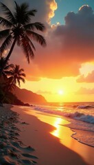 Sunset over palm trees on a sandy ocean beach with warm golden light and gentle waves, sandy, palm trees, tropical island