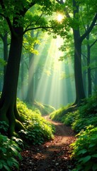 Sunlight breaks through forest canopy filtering light into dappled green spaces , leaves, serene, sunlight