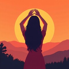 The view of the back of a woman with very long hair is worth raising her hands to sunrise