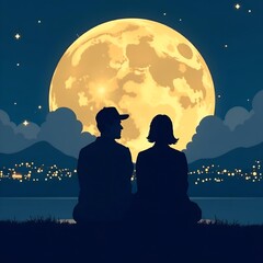 The silhouette of women and men sits and look at the full moon