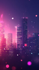 A cityscape with a pinkish hue and a lot of lights. The city is lit up and the sky is dark