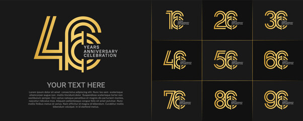 Anniversary logo type set with double line number. golden and silver color for celebration event