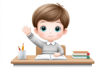 2D vector of a student raising hand with desk, pencil, and books