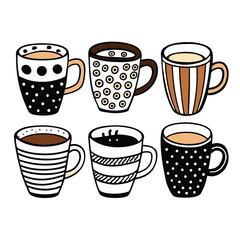 Obraz premium Hand-Drawn Coffee Cup Doodle Set – 6 Unique Black and White Illustrations