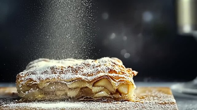 Delicious layered apple strudel dusted with powdered sugar on a wooden board with soft lighting