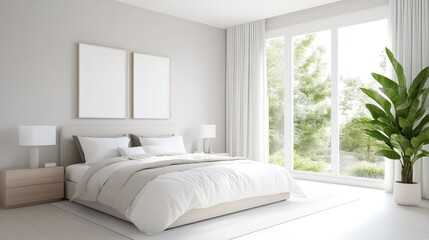 Fototapeta premium Modern bedroom with natural light. Spacious and calm, a minimalist design