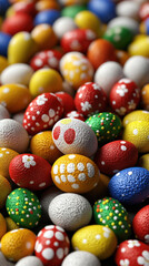 Fototapeta premium A bunch of colorful eggs with white spots and flowers on them. The eggs are all different colors and sizes, and they are piled on top of each other. Concept of abundance and variety