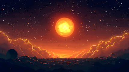 Glowing Pixel Art Starry Night Landscape with Orange Sky and Clouds Horizon at Sunset or Sunrise Celestial Outer Space Scenery