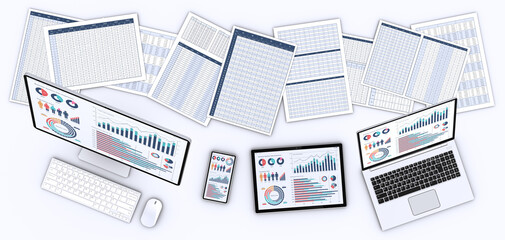 ビジネス資料とデータを表示するコンピュータデバイス、データ分析・検討のイメージ