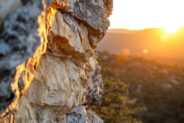 Golden sunlight illuminates a rugged rock face at sunset, overlooking a tranquil landscape.