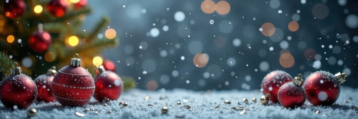 Snowflakes falling on festive holiday decorations , festive, bright