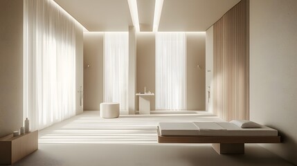 Fototapeta premium Tranquil and Minimalist Spa Interior with Soft Lighting and Natural Textures for Relaxation and Wellness