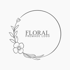 Vector floral hand drawn logo template in elegant and minimal style with black color on grey background illustration. Circle frames logos. For badges, labels, logotypes and branding business identity.