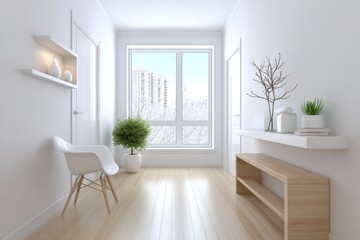 A Scandinavian-style minimalist interior with wooden floors, white furniture, and subtle decor