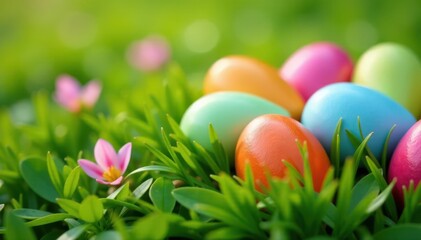 Fototapeta premium Close-up view of numerous Easter eggs nestled in green grass , organic, macro, country