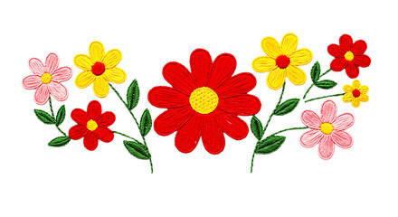 A colorful floral arrangement featuring red yellow and pink flowers with green leaves on black background