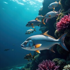 school of fish with shiny scales in the ocean , fin, waves
