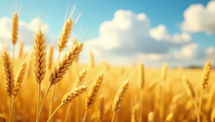 Fototapeta premium Golden wheat stalks, heavy with ripe grain, sway gently in the breeze , cereal grain, stalks