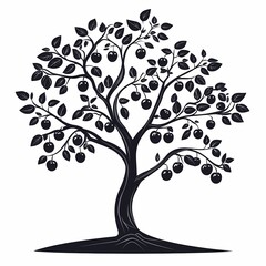 Fototapeta premium Black Tree Vector Illustration with Apple Fruit and Leaf Details for Organic Farm and Agriculture Art