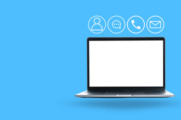 A sleek laptop displays communication icons above it, set against a vibrant blue backdrop