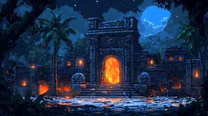 Fantasy Pixel Art Landscape Featuring an Ancient Stone Gate with Glowing Fire in Dark Night Forest