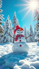 Obraz premium Joyful snowman basks in sunlit snowy forest clearing, vibrant blue sky, scene, picturesque