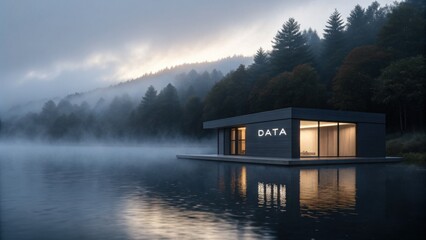 Fototapeta premium Data Lake Data Lakehouse Data Warehouse Cloud Computing Network Modern lakeside cabin emerging from fog, surrounded by trees and water, creating a serene atmosphere.
