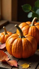 Pumpkin and leaf arrangement on wooden table with warm golden lighting , pumpkins, fall, wood
