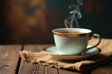 Steaming teacup, burlap sack, rustic wood table, comfort, background