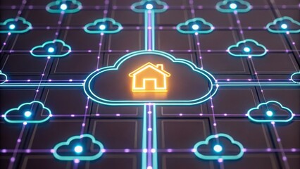 Data Lake Data Lakehouse Data Warehouse Cloud Computing Network Digital network with cloud computing and a home icon, symbolizing smart home technology.