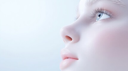 A close-up of a young womans face with closed eyes, soft lighting and smooth skin texture, serene expression, and minimalist composition.