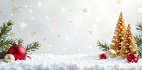 Snowflakes falling on a white background with golden Christmas trees and ornaments , ornaments, snowy scene