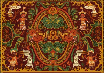 Intricate Ethnic Art Pattern with Figures and Floral Motifs Design