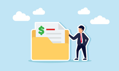 A businessman stands next to a folder containing financial documents, illustration of financial document archive in a business company