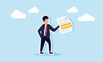 A businessman carries a document labeled INVOICE, illustration of an invoice or bill that must be paid for a business project
