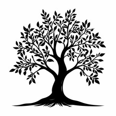 Obraz premium Eco-Friendly Nature Vector: Black Tree Silhouette with Leaves and Branch Design Illustration for Creative Artwork