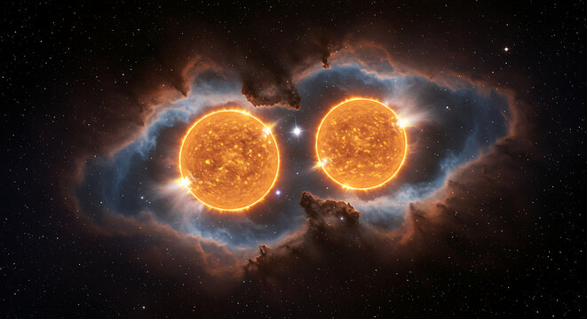 Twin Stars in Space with Nebulae and Celestial Bodies in a Dark Universe
